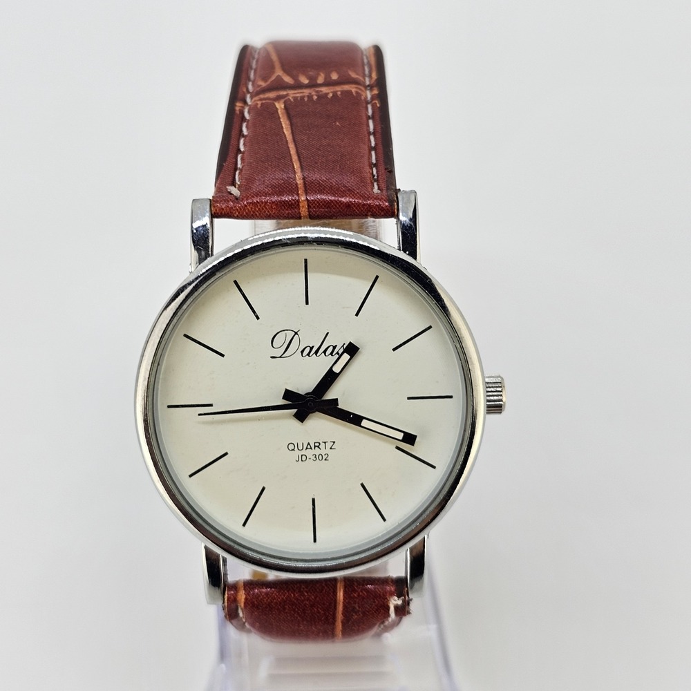 Men's Analog Watch 38MM White Dial Brown Faux Leather Bands New Battery
